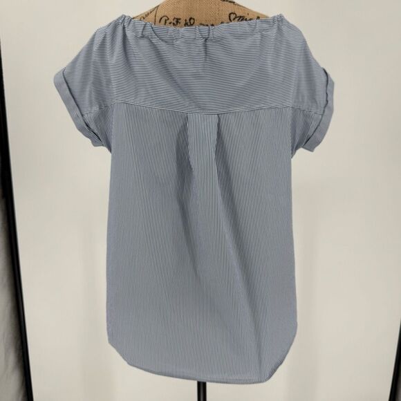 Theory Velvela Taff Stripe Cotton Tie Neck Button Front Top Women Medium Blue - Picture 3 of 7